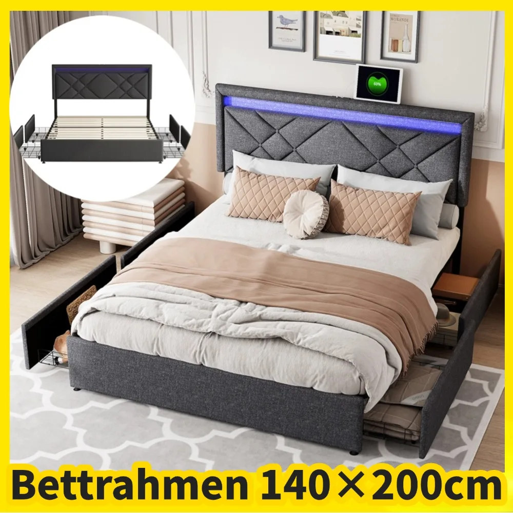 Modern Upholstered bed 140×200cm , Double Bed Frame with 4 Storage Drawer and USB Port,  with Headboard , linen fabric, gray