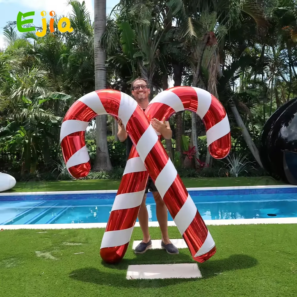Custom 1.5M  Big Shiny Inflatable Reusable Candy Canes Mirror Inflatable Candy Canes Xmas Ornaments For Christmas Decoration