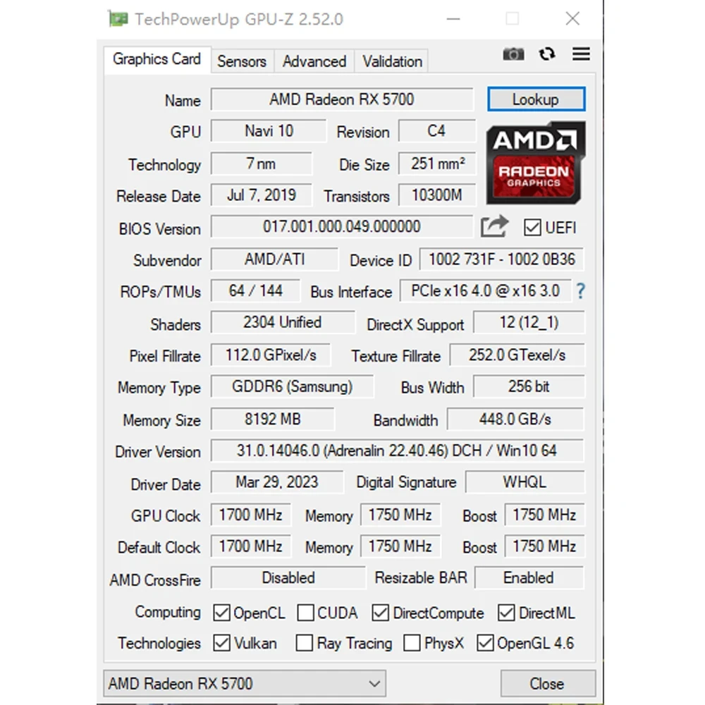 USED RX 5700 8GB Placa De Video Graphics Card GPU GDDR6 256-bit 7nm Video Card Support Desktop CPU rx 5700