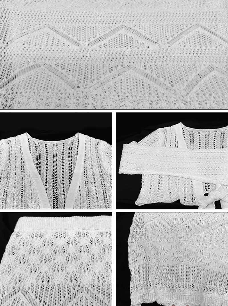 2-teiliges Langarm-Strickkleid für Strand, Damen, Häkel-Bikini-Vertuschung, sexy Schleife, Knoten, bauchfreies Top, hoher Taillenrock, Wickel-Badebekleidung für Damen