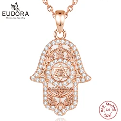 Eudora 925 Sterling Silver Fatima Hamsa Hand Pendant White Zircon Star of David Necklaces Spiritual Jewelry for Women Men Gift