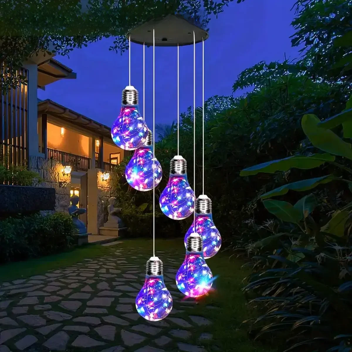 1 opakowanie kolorowych świateł Żarówka słoneczna Wiszące dzwonki wiatrowe 6 wisiorków LED Lampy słoneczne Windchimes do dekoracji zewnętrznych w ogrodzie domowym — zdjęcie 2