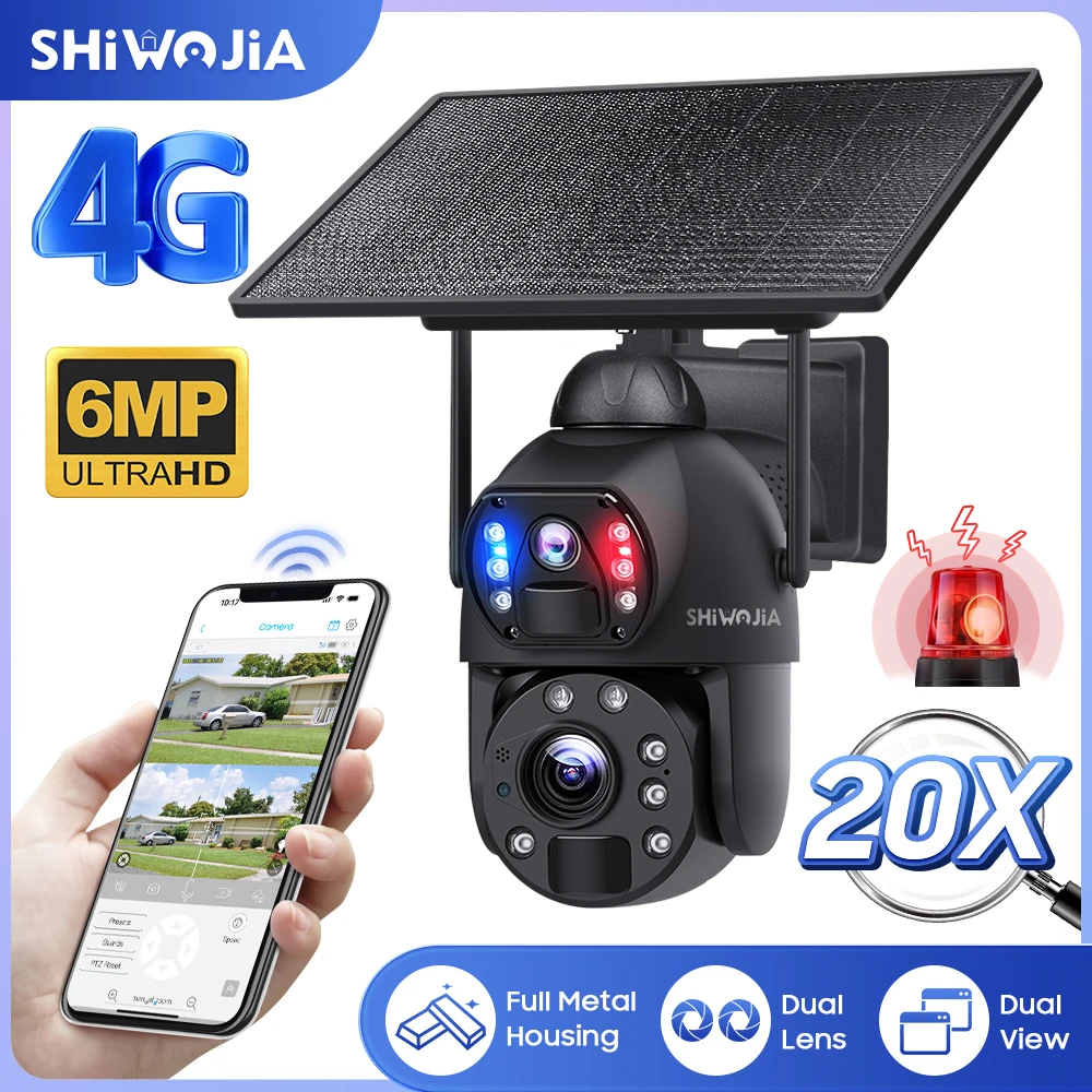 HIWOJIA 6MP 20X Zoom Dual Lens 4G 10W Solar Camera Outdoor IP66 Metal Case PTZ Human Detection Auto Tracking Security Camera