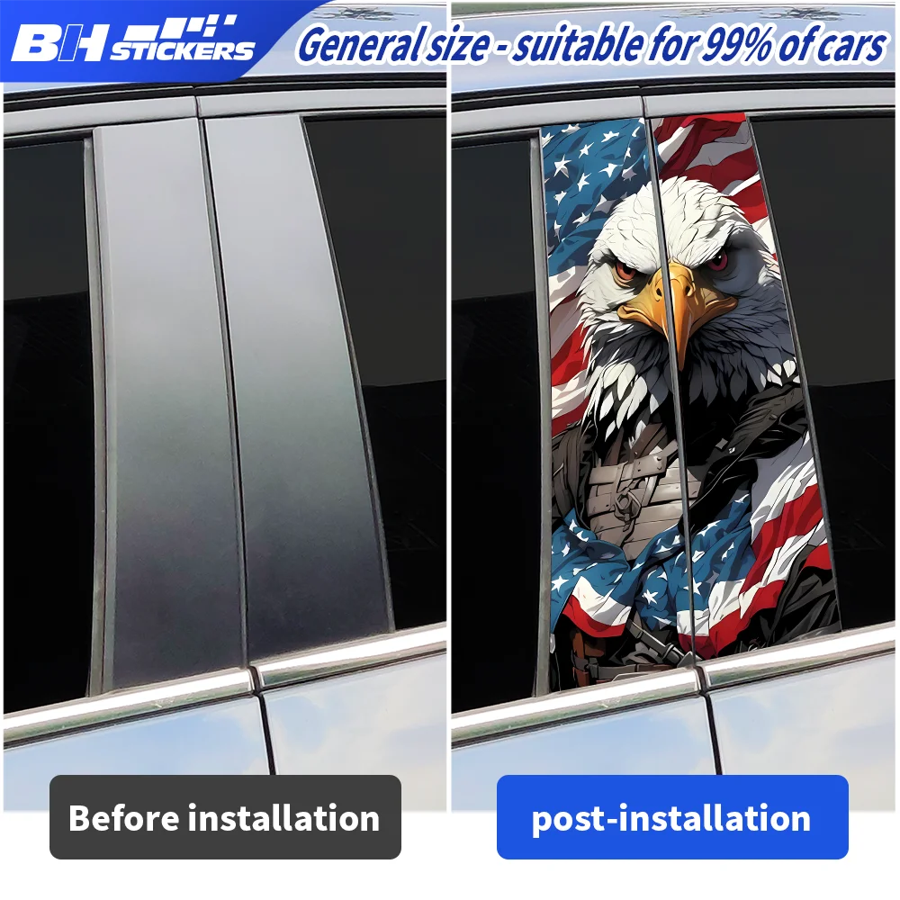 US American Flag Car Pillar Stickers Fierce Bald Eagle Graphic Decals Automobile Middle Window Columns Wrap Decor Vinyl Film