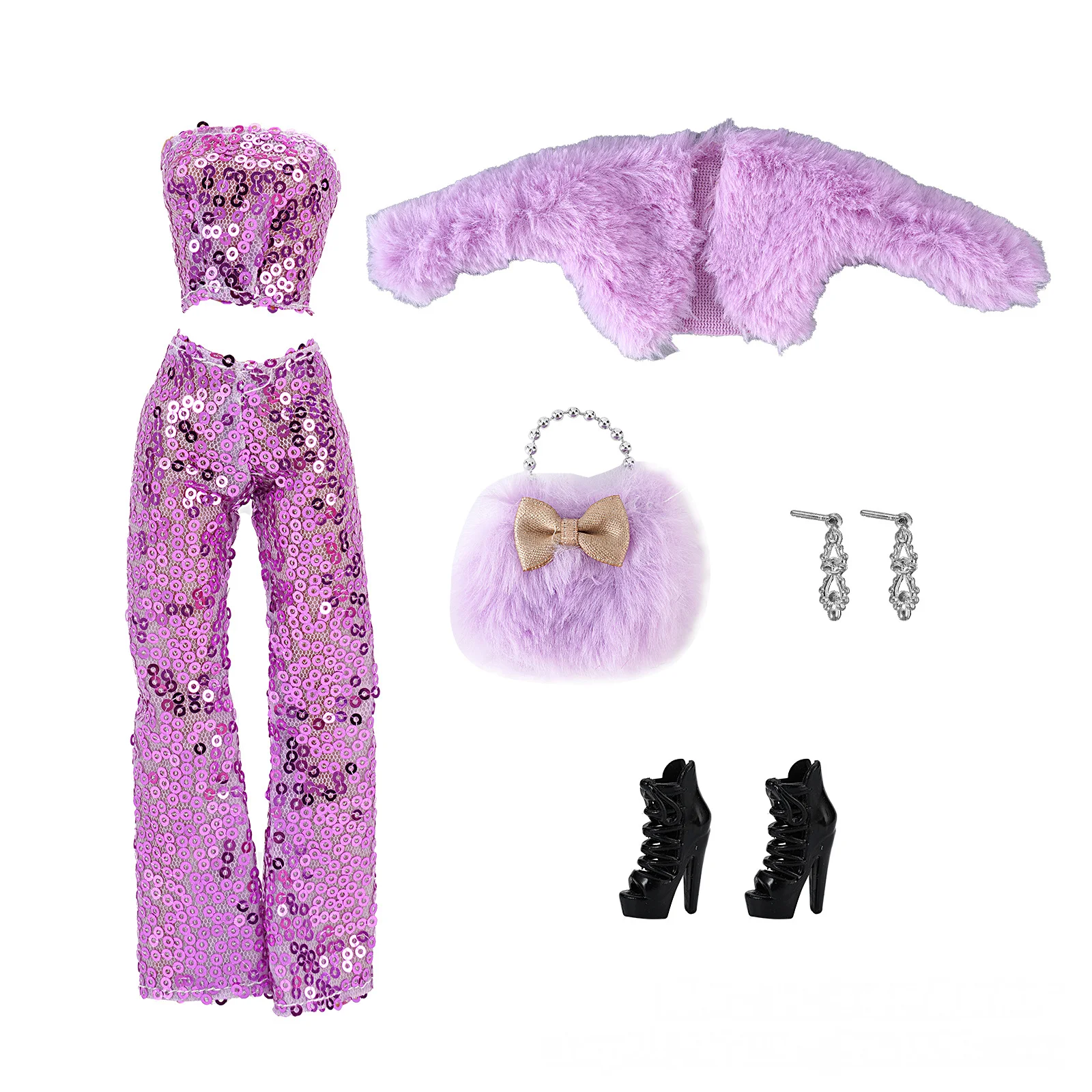 New style winter doll outfit set suitable for 30CM/11.5-inch dolls: plush vest, sequined pants, and bag.