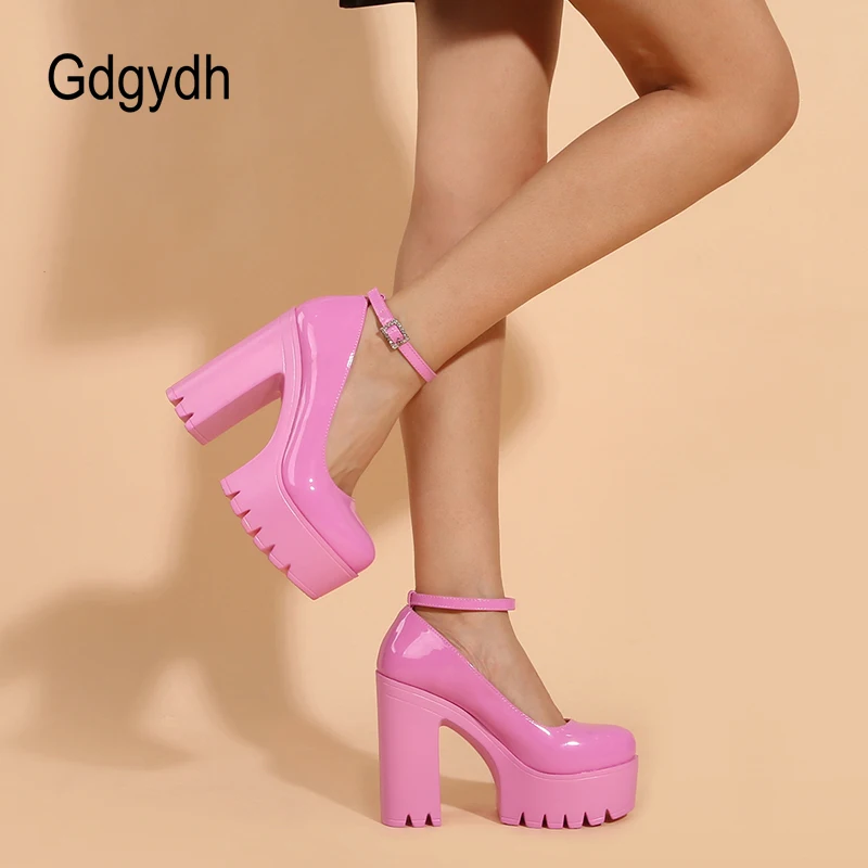 Gdgydh Pink Platform Mary Jane Shoes Chunky Heeled Ankle Strap Pumps Y2K Revival Dress Party Shoes Women Stable Walking