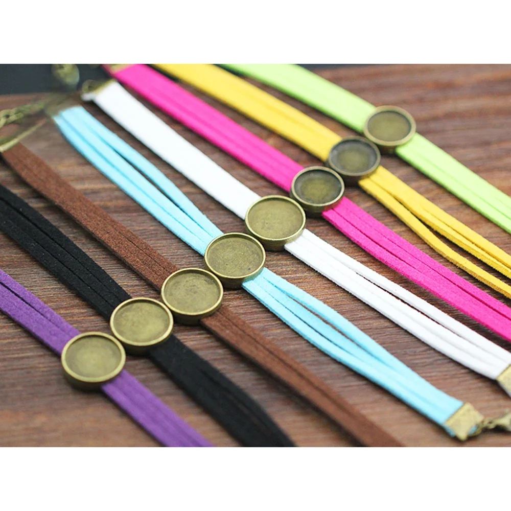 10 sztuk ręcznie robione 15cm zamszowy sznurek bransoletka ustawienie 14mm okrągły Cabochon pusta podstawa Bezel taca DIY komponenty do biżuterii akcesoria — zdjęcie 2
