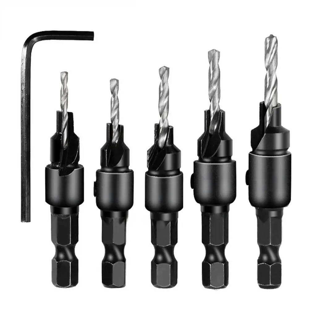 Carpintaria Hexagonal Shank Cabeça Escareada Broca 5 peças Perfuração Chanfro Buraco Opener Set