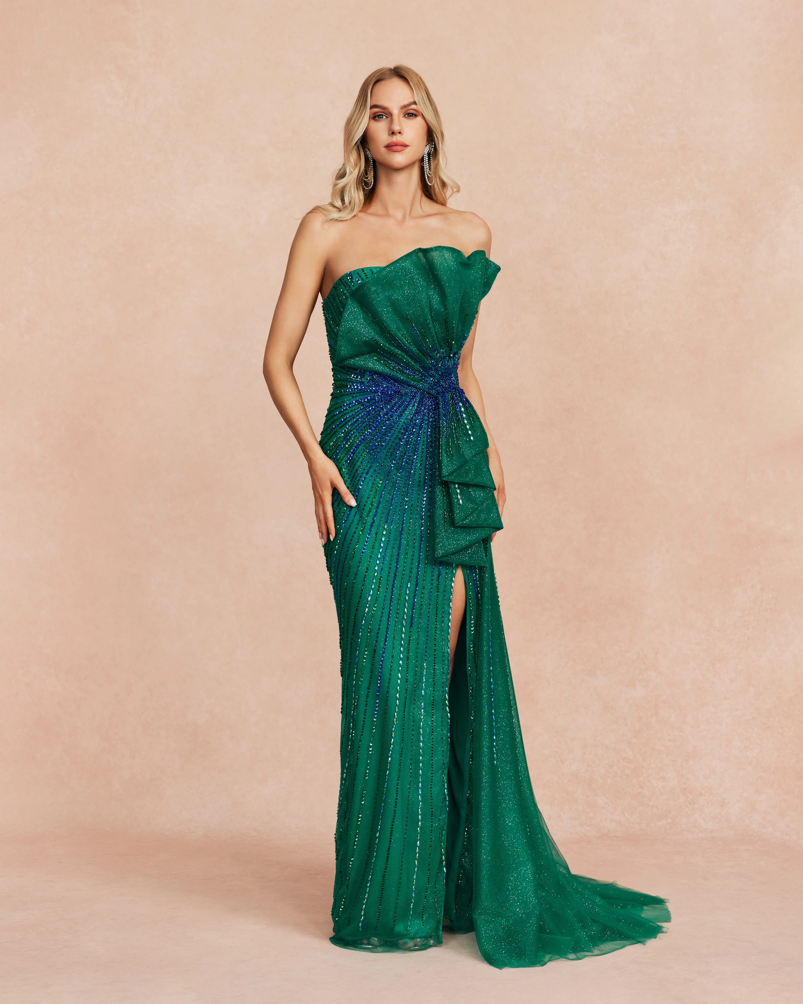 شاليمار تشانغ فساتين خضراء طويلة الأكمام أزياء السيدات حسب الطلب