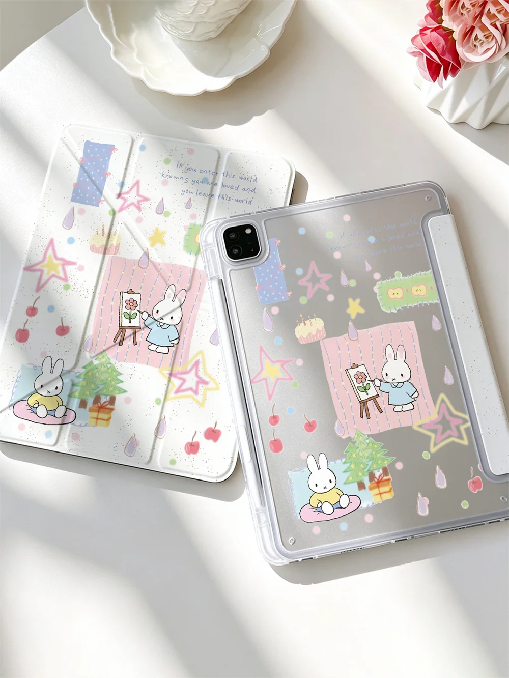 Kawaii Miffy Painter Star Sticker Print Crystal Clear Y-fold Double-sided Print Case For iPad Pro 11 Air4 Air5 10 Gen With Penci