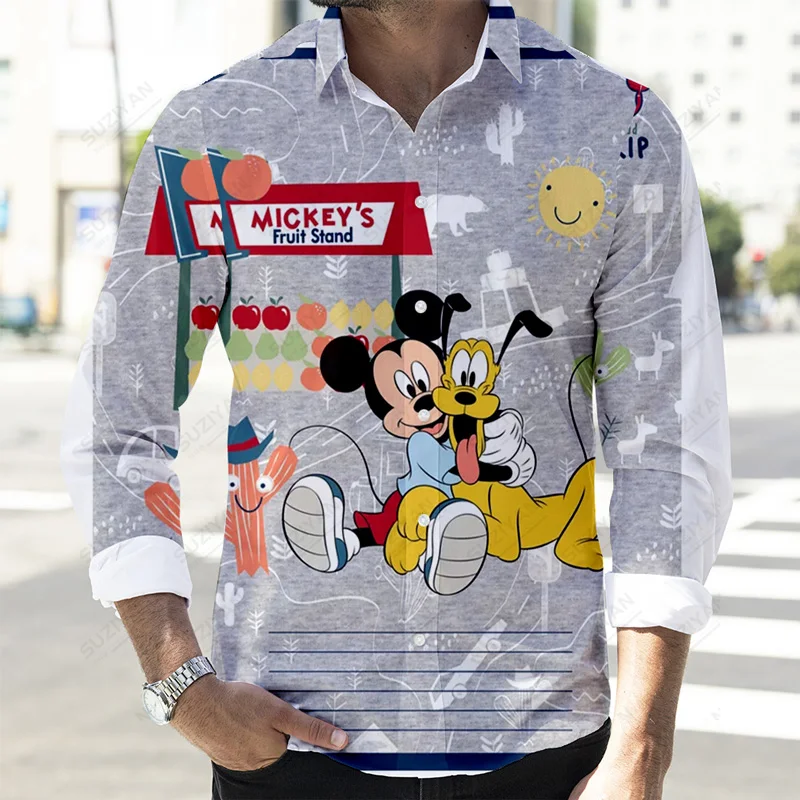 2022 Fall Newest Cartoon Casual Button Long Sleeve Shirt Disney Donald Duck and Mickey 3D Full Print Fashion Men\'s Lapel Top