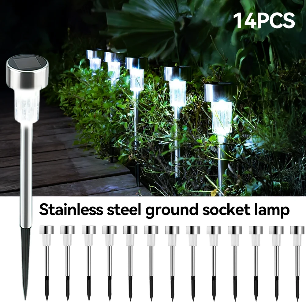 14 PCs Solar LED Garden Lights Stainless Steel Outdoor Pathway Lighting Waterproof Lawn & Yard Decor, Warm White Landscape Lamp