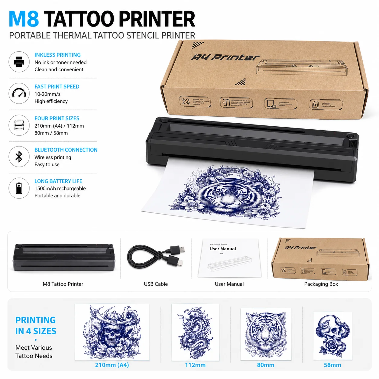 Audersigt A4 Bluetooth Tattoo Stencil Printer Portable Thermal Transfer Copier Machine for Line Art Photo and Tattoo Design