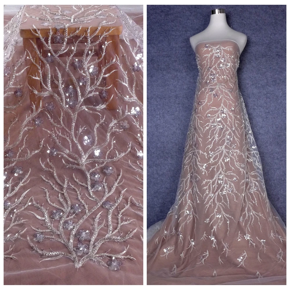 HelluyerDC  Silver on ivory beading fabric,One Side branches patterns lace for fashion,wedding,evening,dance gown by the yard