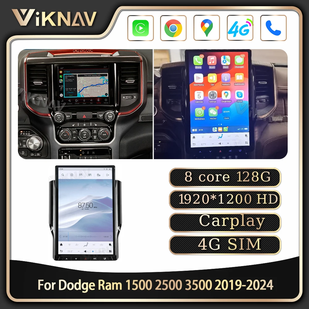 Viknav 14.4 inch Car Radio For Dodge Ram 1500 2500 3500 2019-2024  Wireless Carplay touch screen head unit Multimedia player