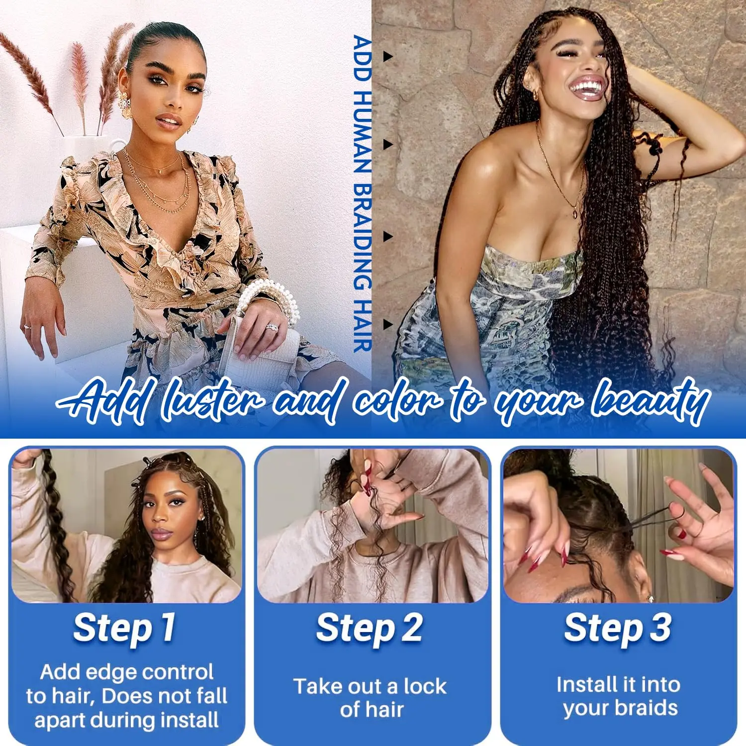 شعر تجديل بشري لضفائر بوهو شعر بوهو مموج عميق لتضفير عقدة 100% وصلات شعر عذراء برازيلية غير معالجة