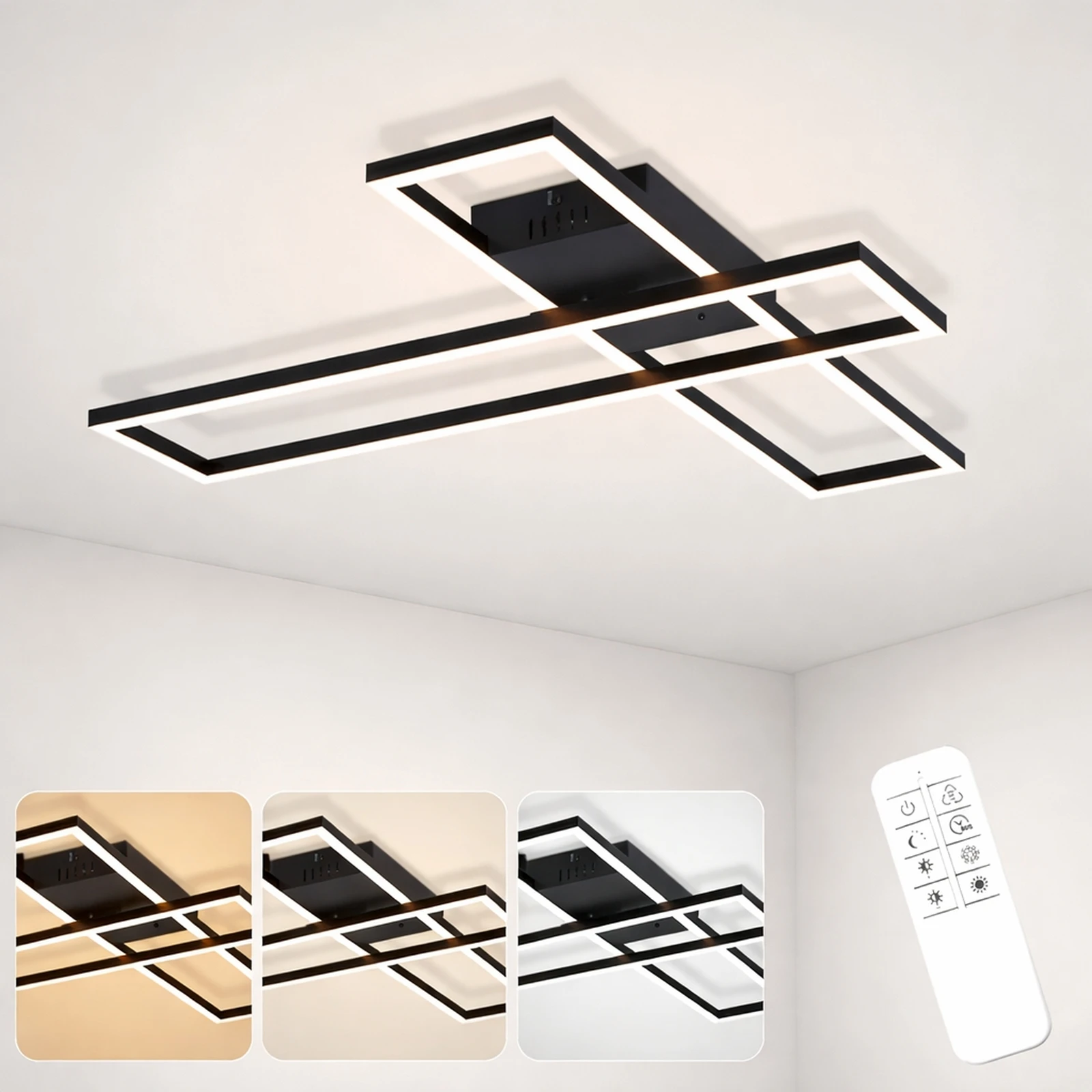 Moderne Schwarze LED Deckenleuchte 56W Rechteckig 270° Drehbarer Außenrahmen Dimmbar 3000K-6500K Fernbedienung 60s Timer Nachtlicht Memory Funktion Blinkfrei Augenfreundlich Wohnzimmer