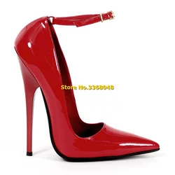 Red Patent Leather High Heels Sexy Pointed Toe Ankle Strap Super Stiletto Heel Women Pumps Solid Custom Made Dress Women Shoes