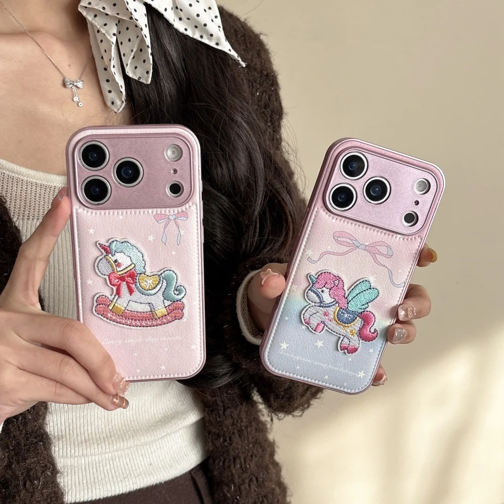 

Leather pink star bow embroidered rainbow pony mobile phone case, suitable for iPhone14/15/16/17 Pro Max, new protective case