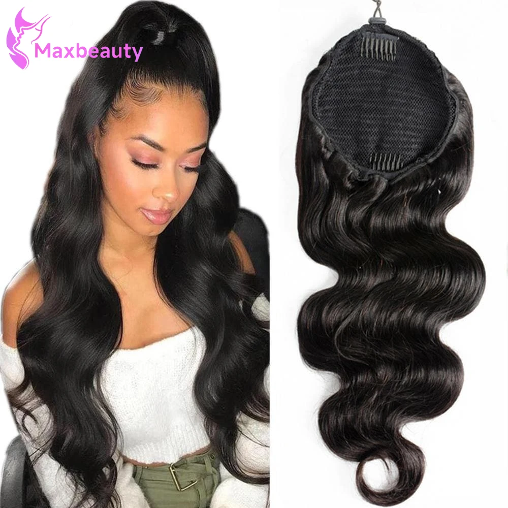 

28 Inch Long Body Wave Ponytail Hair Extension Human Hair Drawstring Curly Wavy Ponytail Hairpieces 100G Natural Black For Women
