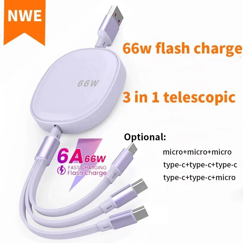 

3 in 1 Retractable USB Cable Fast Charger 3A Data Cable Cord Wire Type-C Micro For Samsung Huawei Xiaomi 11/12/13/14