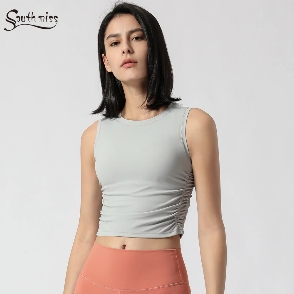 Solid Women Yoga Vest Gym Stylish Side pleated Crop Tank Tops Female No Built In Bra Racerback Workout Athletic Top Shirts