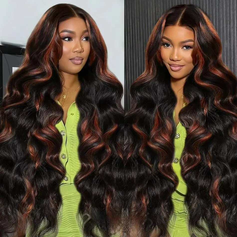 Mossily 30 Inch Body Wave Highlight Wig Human Hair 1B/30 Black Brown Highlight 13x6 HD Lace Frontal Wig Human Hair 250 Density