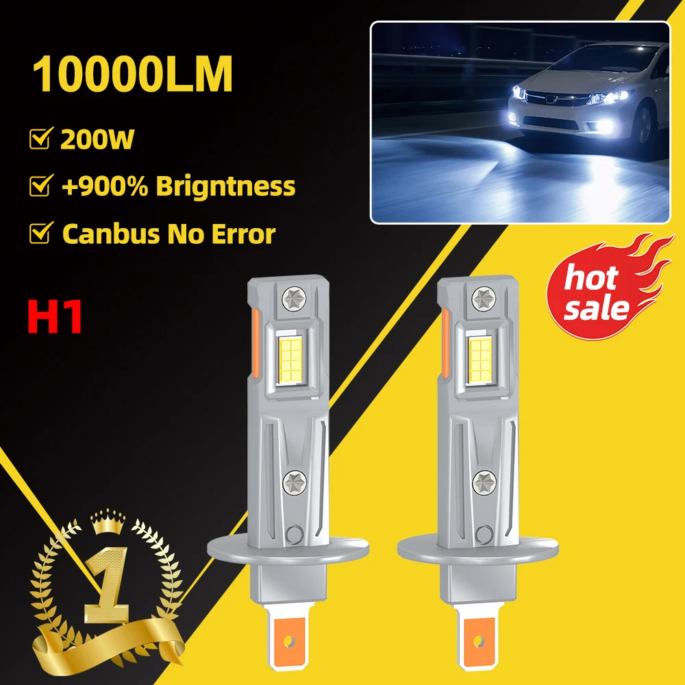 2PCS High Power 200W 10000LM H1 LED Lights 6000K White Headlight Bulb Mini Size Design Wireless 3570 CSP ChipPlug&Play