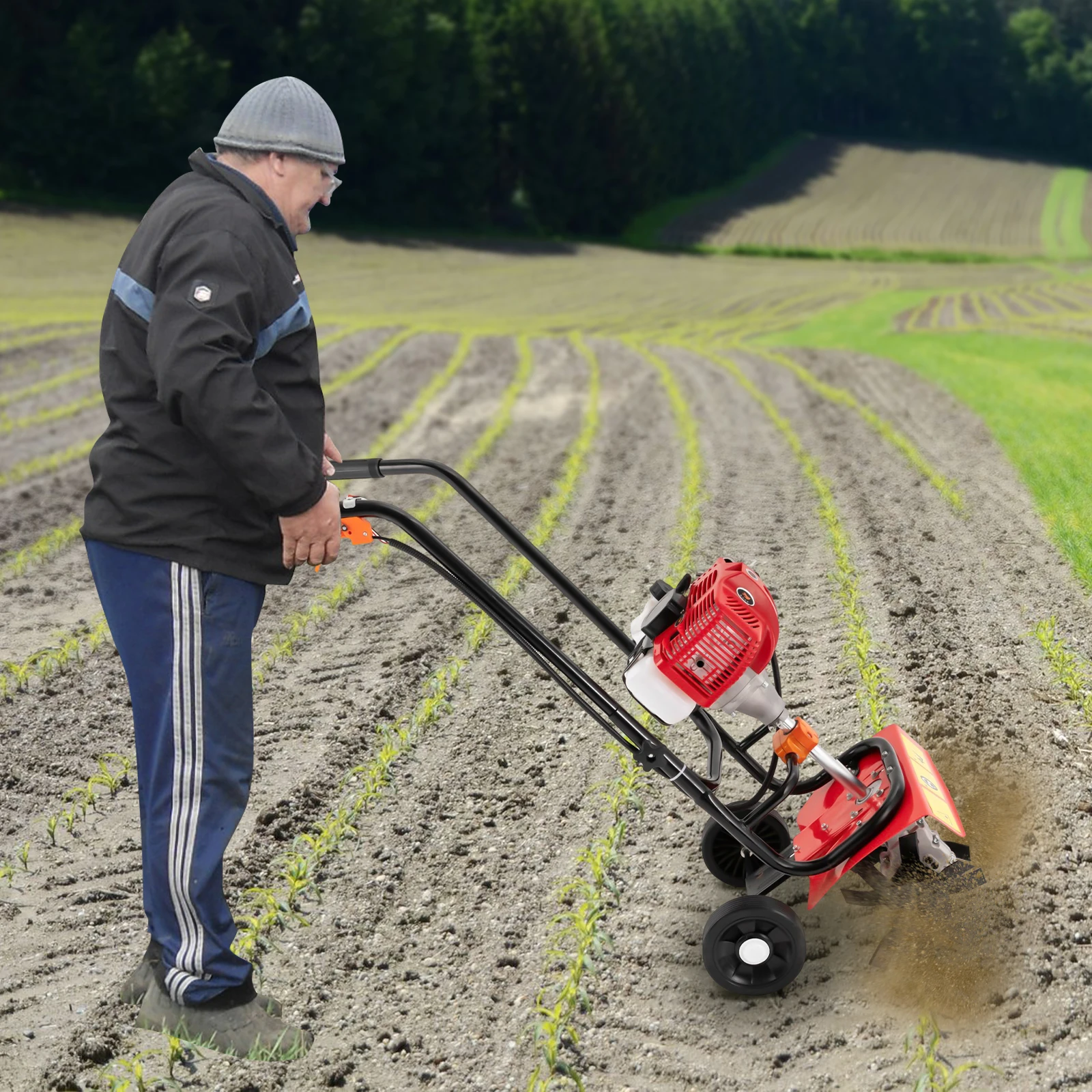 2-Stroke Mini Hand Tiller, 52CC 1900W Gas Powered Tiller, 6500-7000RPM Garden Cultivator for Soil Cultivation, Weed Removal, Small Farm, Backyard