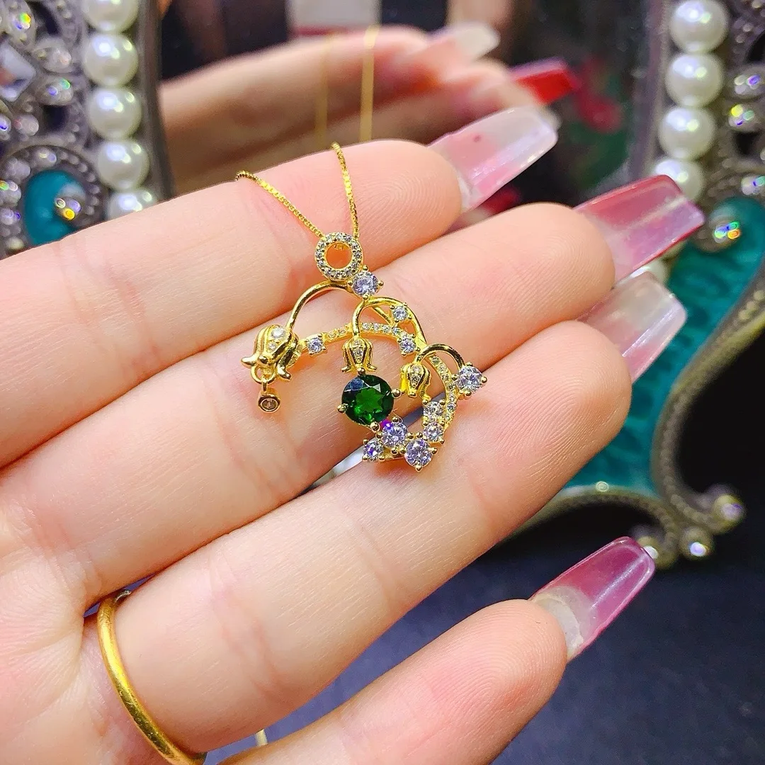 Jewelry Girls' Pure Natural Translucent Jadeite Necklace Pendant Ring Set 925 Pure Silver Plated 18K Gold Hollow out Christmas