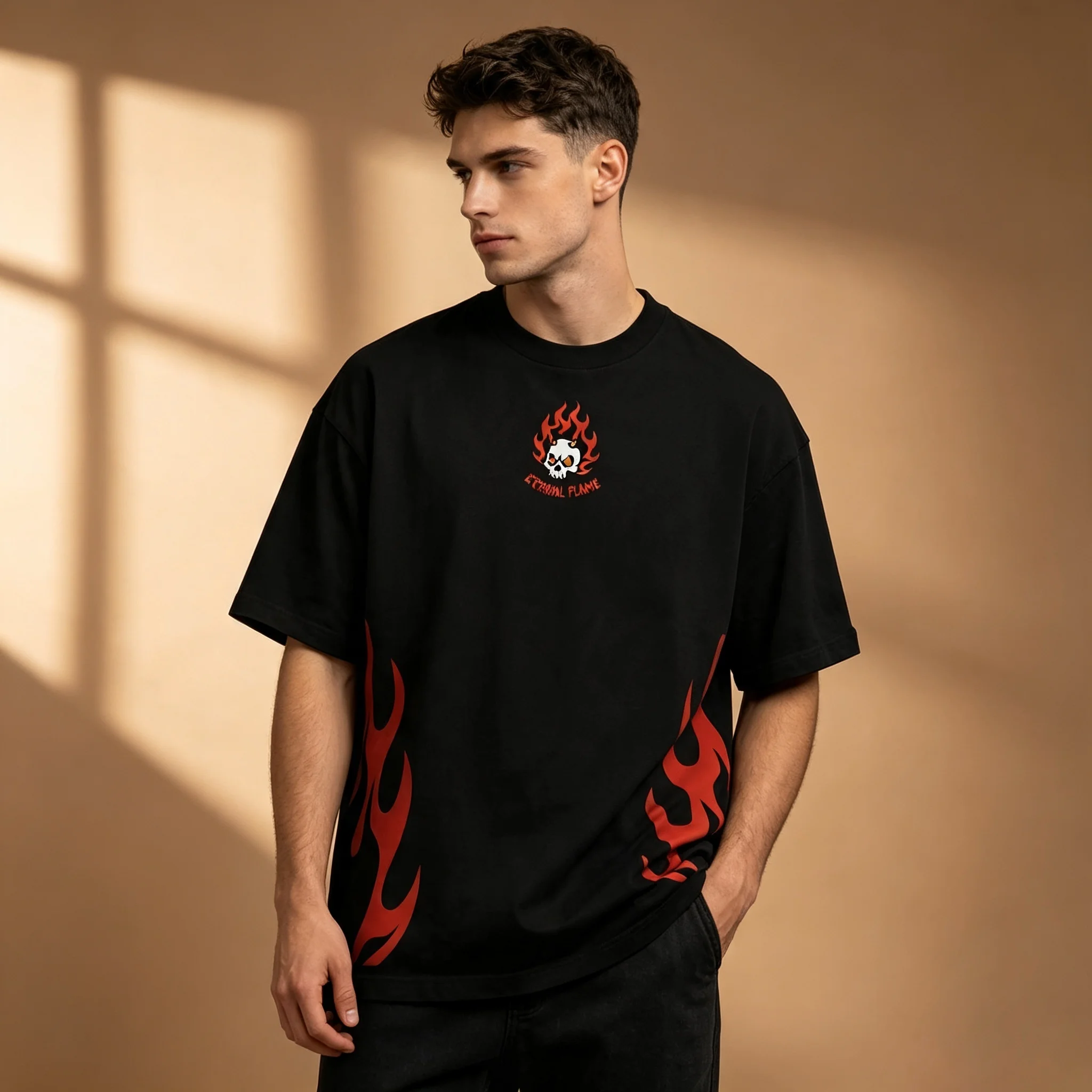 Men Eternal Flame Skull Fire Print T-shirt Gothic Streetwear Oversized Crew Neck Black White Casual Short Sleeve Tops