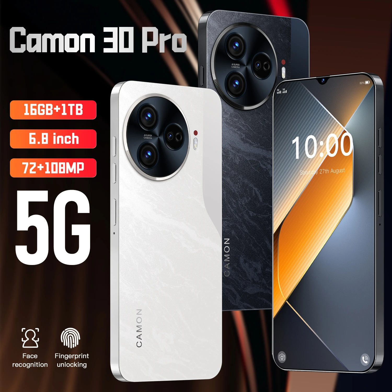 

2024 New Smartphone Camon 30 Pro Mobile Phone 6.8 inch HD 16G+1T CellPhone 5G Dual SIM Handphone 6800mAh Face Unlocked Android14