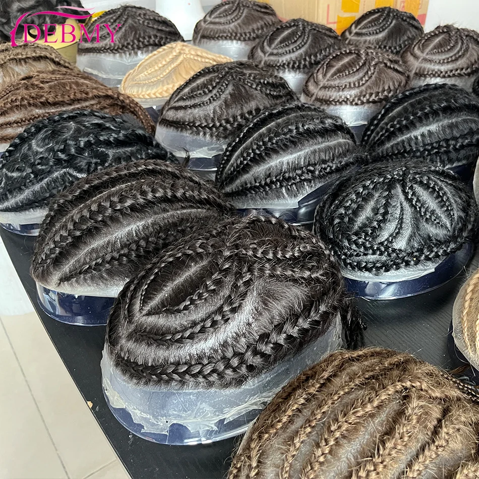 Cornrow Box Braided Men Toupee Human Hair Skin Full PU Hairpiece Breathable Replacement Hair System Prosthesis For Men Patch Wig