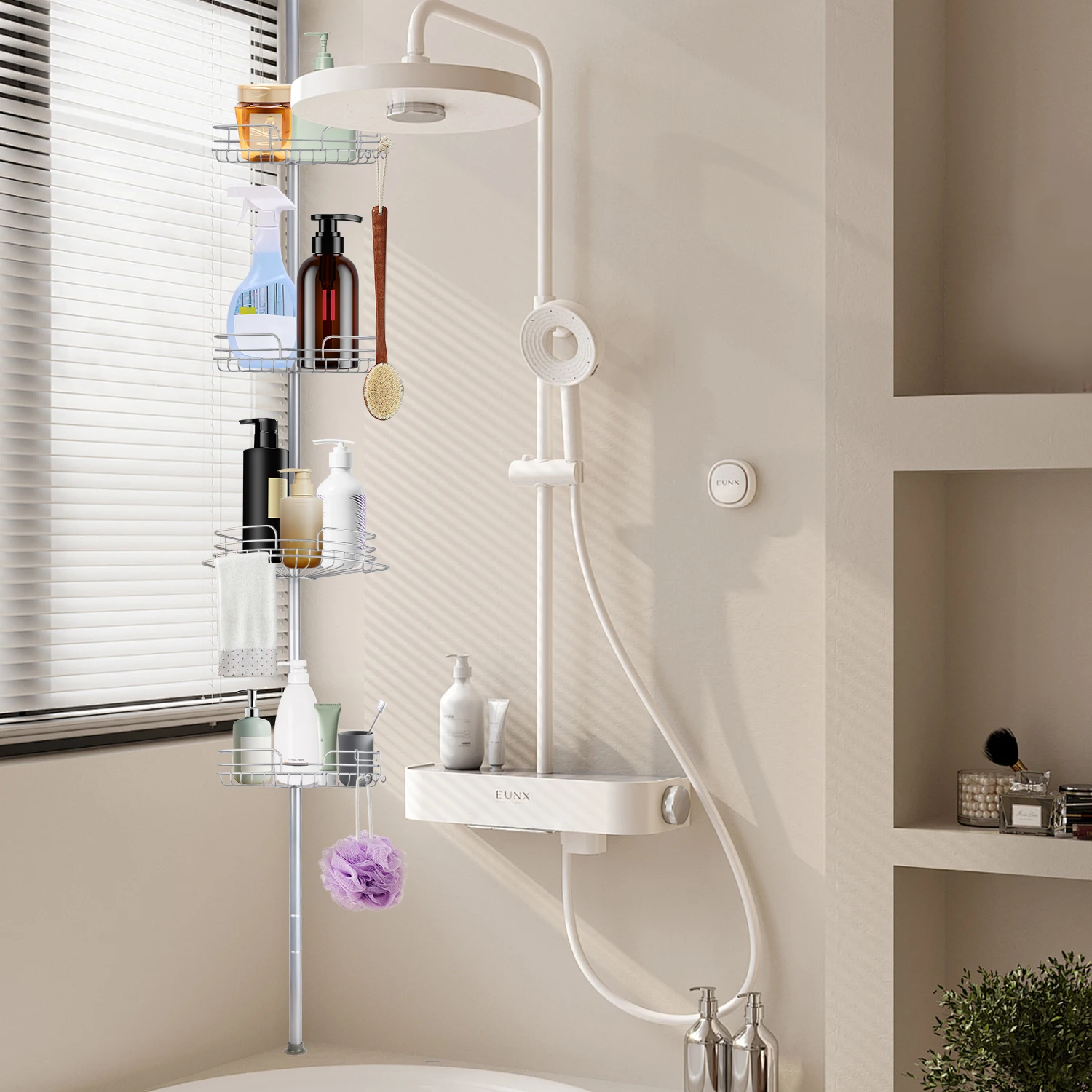 Étagère d'angle 4 niveaux pour salle de bain, réglable en hauteur, autoportante, avec barre de traction, en forme d'éventail, pour rangement de baignoire