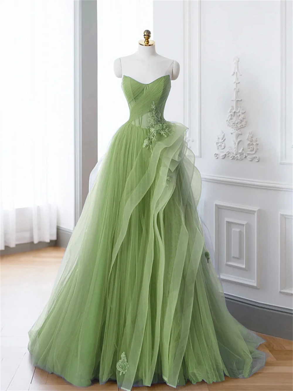 Sansa personalizado verde A-line apliques 3D flor Vestidos De graduación fuera del hombro Vestidos De Noche hasta el suelo Noche Formal