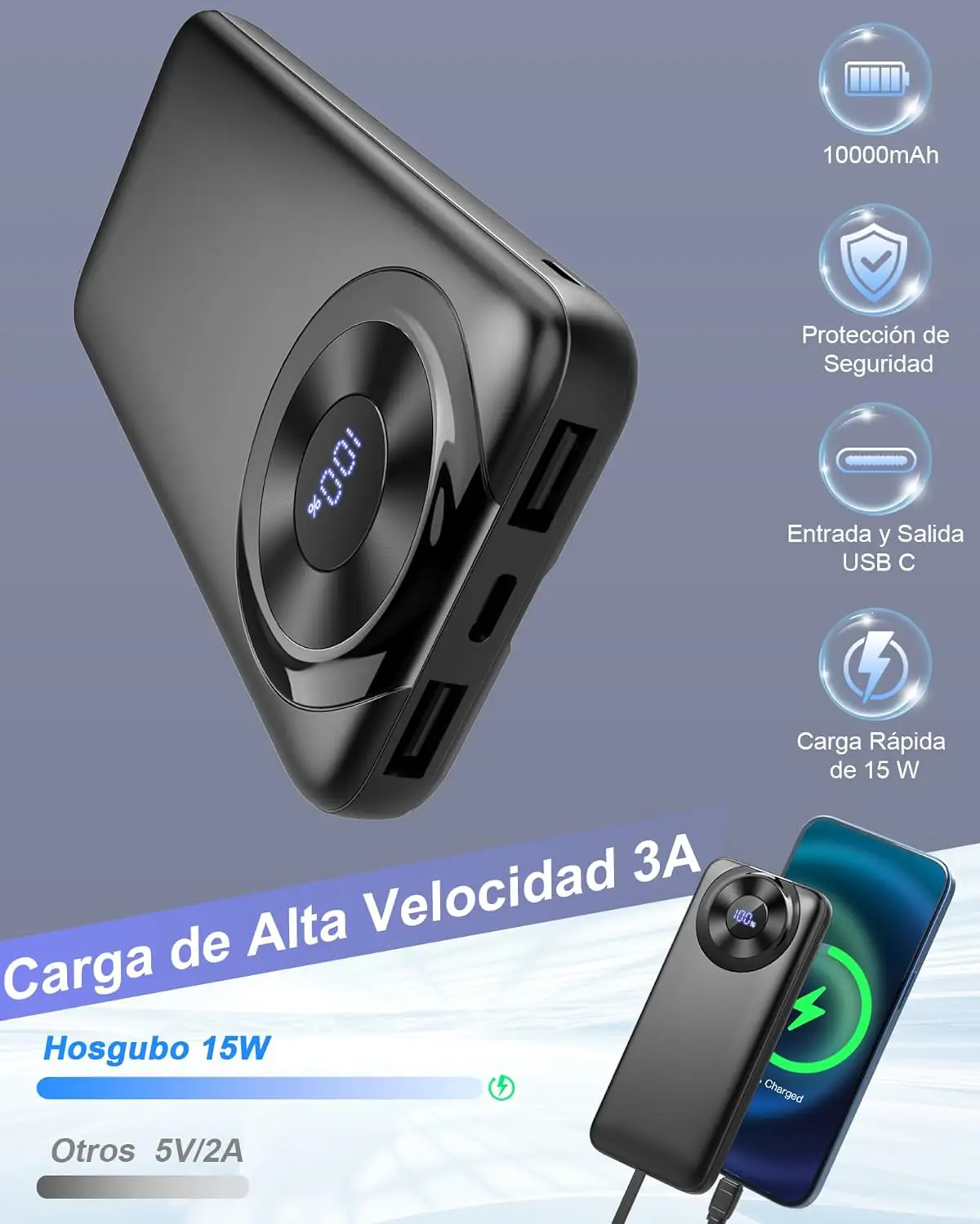 Batería Externa Portátil 2026 de 10000mAh, 3A, Carga Rápida USB-C Entrada y Salida, 4 Salidas, Cargador Portátil con Cable Integrado para iPhone 11/15/12/13/14/16, Xiaomi, Samsung, Tablets y Más