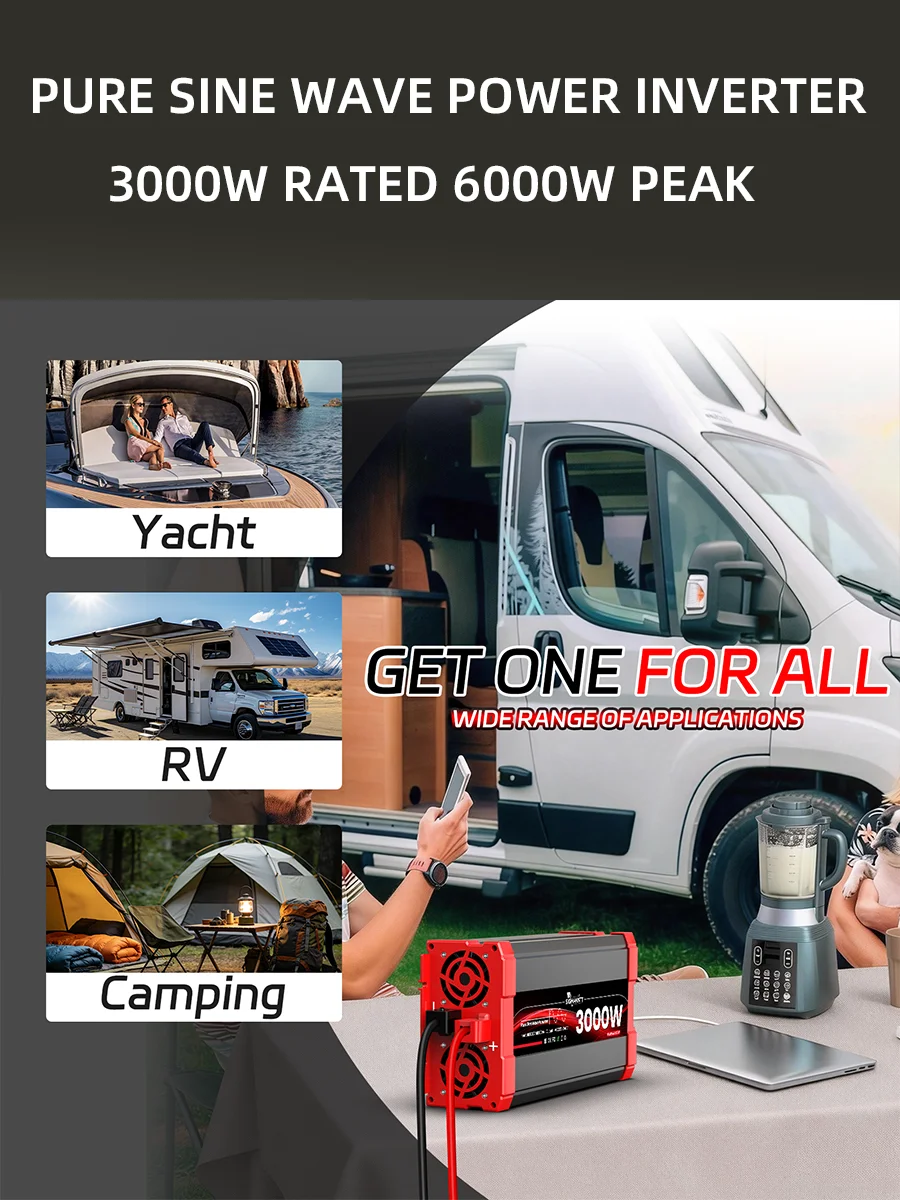 Reiner Sinus-Wechselrichter DC 12V 24V AC 230V 3000W Nennleistung 6000W Spitzenleistung LCD-Display Fernbedienung USB Typ-C Auto für Off-Grid-Anwendungen