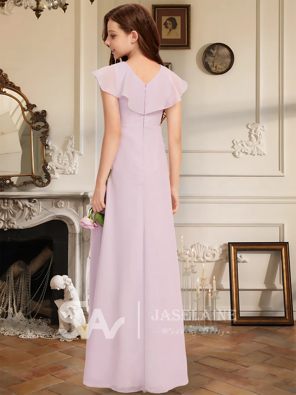 A Kids A Line V Neck Floor Length Chiffon Junior Bridesmaid Dress With Cascading Ruffles Flower Girl Dress Wedding Party Formal