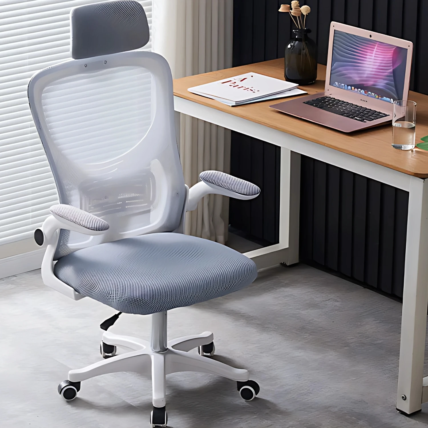 LUTODY - Office desk chair with adjustable headrest, gaming, breathable mesh net backrest, lumbar support, ergonomic with nylon lining, folding armrest, 360o rotating wheel, pp leg, desk, for work center office