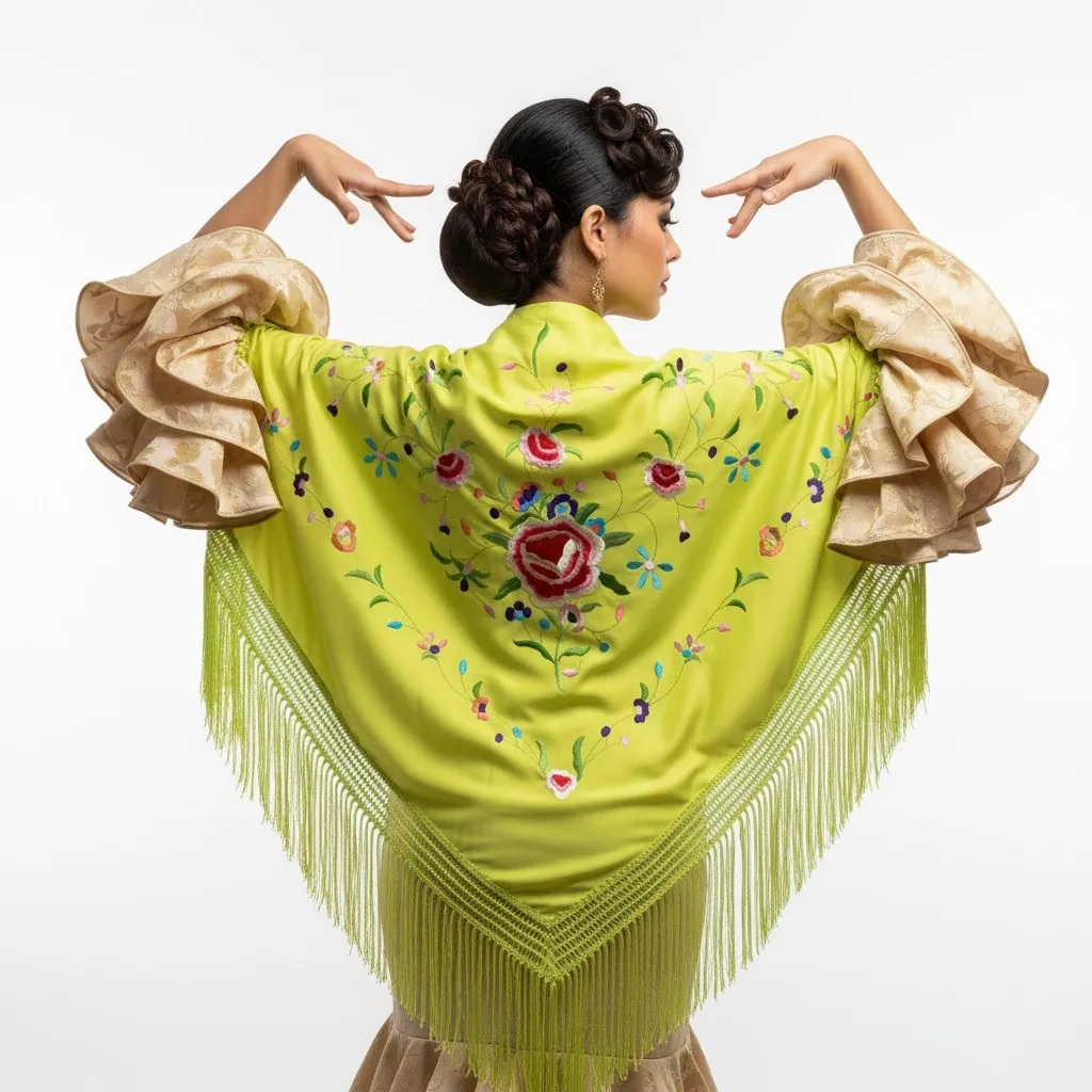Mantón de flamenco de color lima con los bordados de floral multicolores