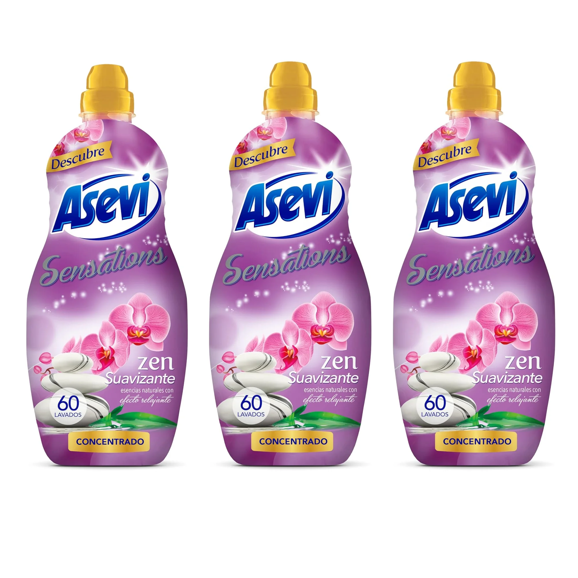 Asevi Suavizante Sensations Zen - Pack 3 Botellas Concentradas Fragancia Relajante y Suavidad Duradera para Todo Tipo de Tejidos