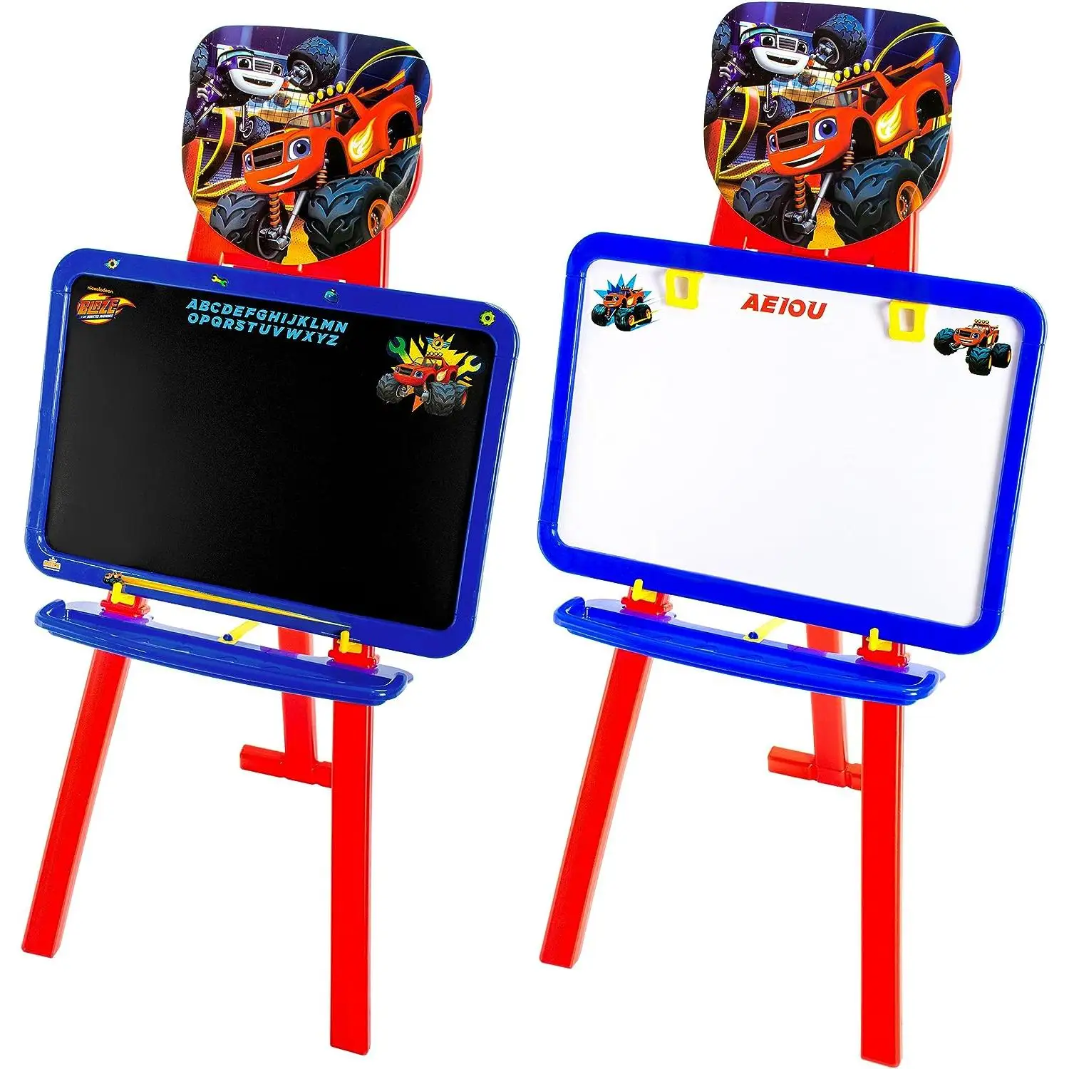 Pizarra infantil de 3 patas, de plástico, doble cara, con diseños exclusivos de Blaze and The Monster Machine(2149-7485-9454)Una cara para pintar con rotulador y la otra con tiza. Repisa para accesorios.De acuerdo a la normativa CE. +3 años