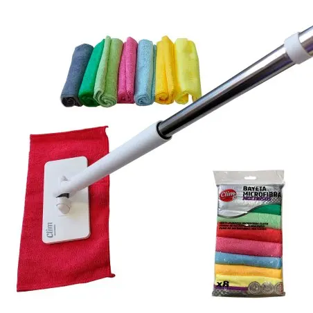 Pack mini mopa multifunción con clip y set 8 bayetas microfibra colores 30x30 cm Clim Profesional