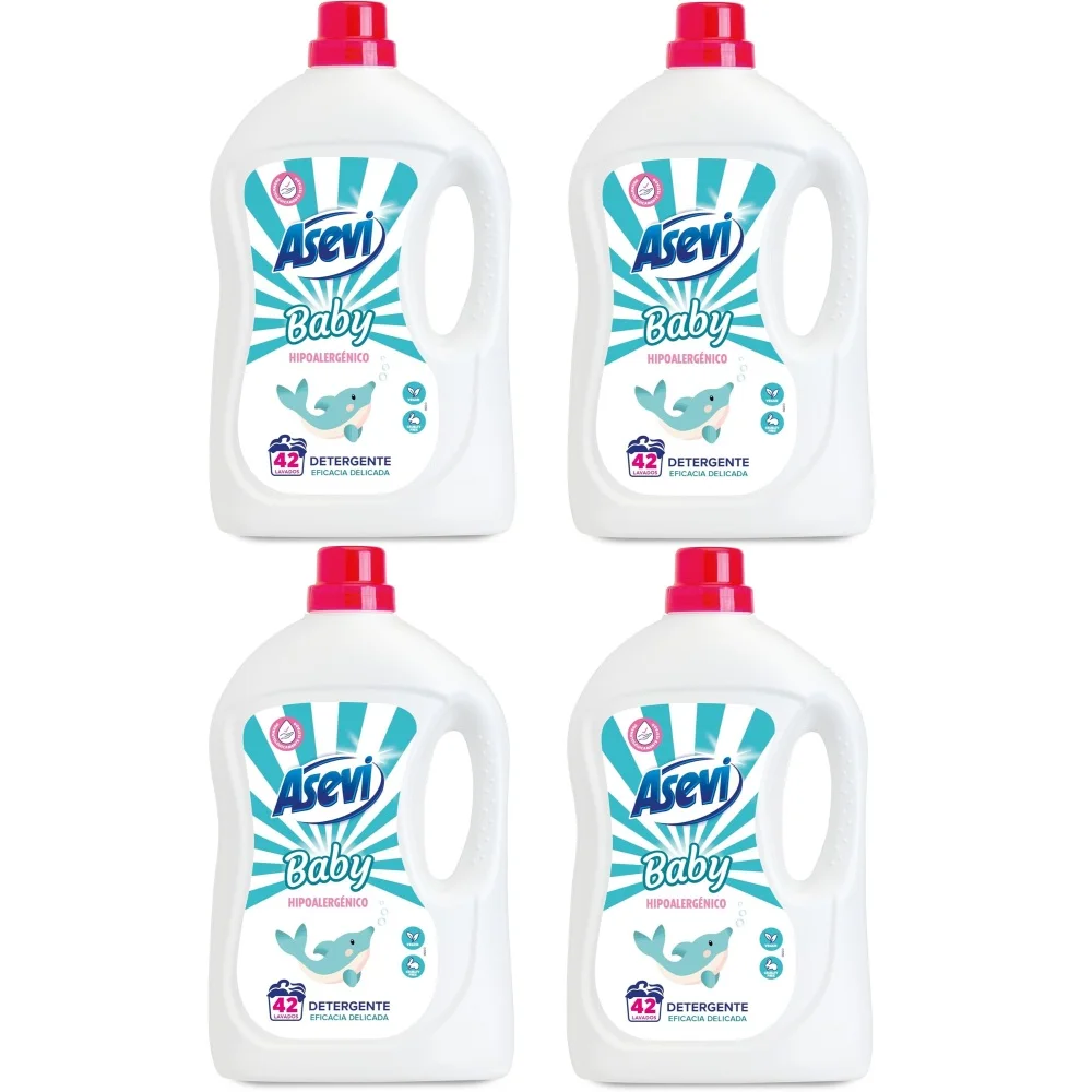 Asevi Detergente Baby 42 Dosis, Pack 4x42 Total 168 Lavados, Cuidado y Suavidad, Detergente Lavadora, Limpieza Eficaz y Delicada A Todo Tipo De Prendas Adultos, Bebés y Niños