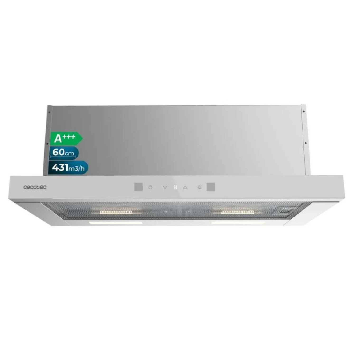 Cecotec Campana Extractora 60cm Telescópica Bolero Flux TLT 604400 Glass White A+++. Succión 431,2m³/h, Bajo Consumo, Motor DC