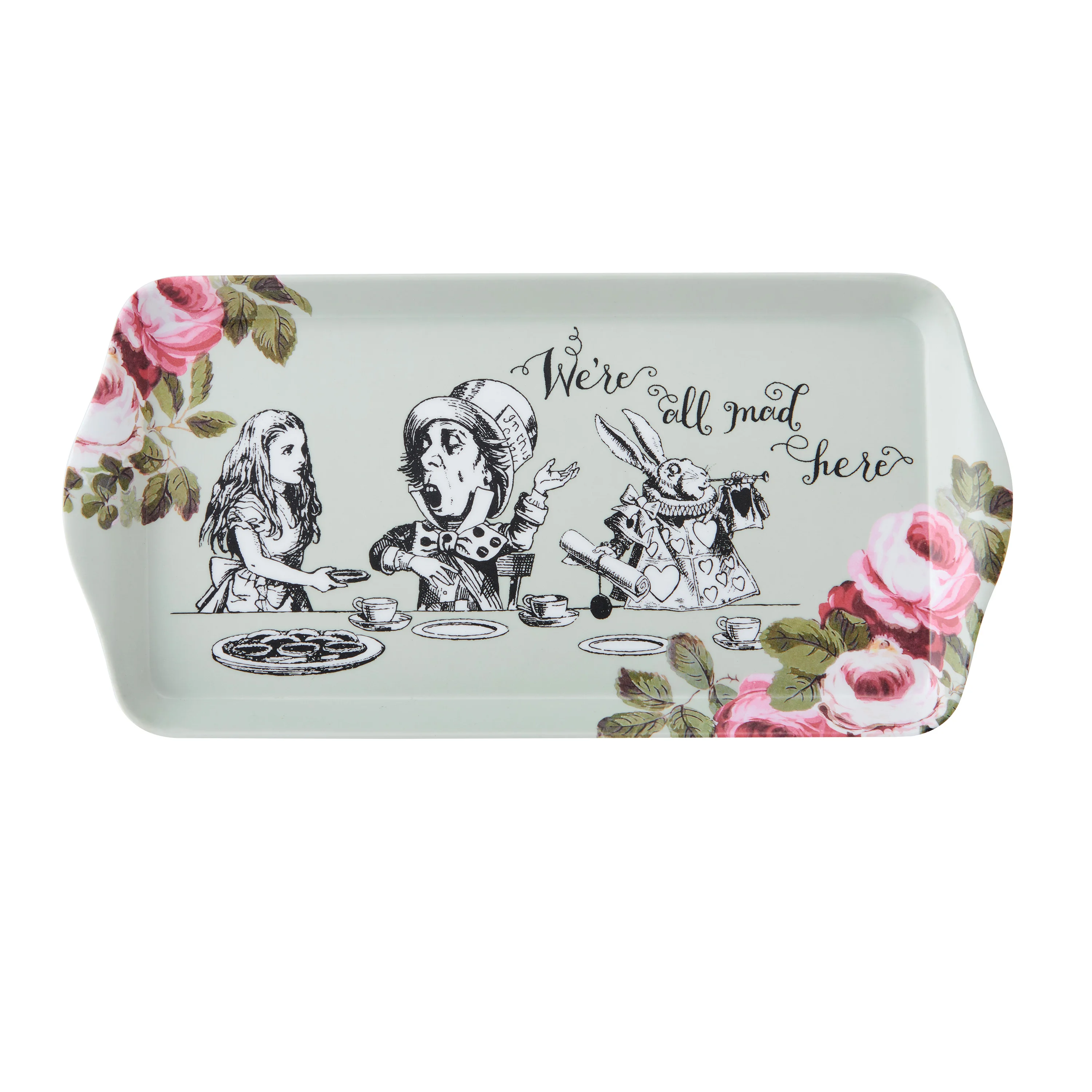 Mikasa and V&A Alice in Wonderland Sandwich Tray, 12’’ – decorative melamine food tray with pastel illustrations, perfect for afternoon tea and garden parties, spill-free design for easy carrying and