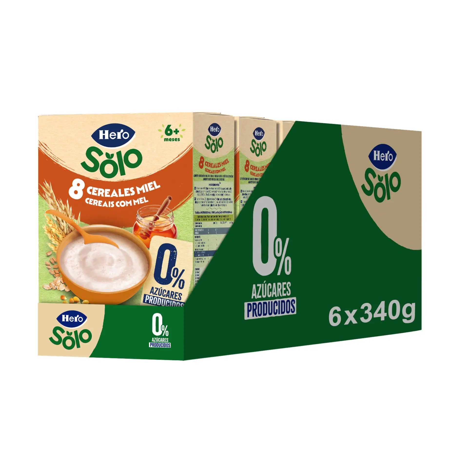 Hero Solo Pack Papillas 8 Cereales Miel. 0% Azúcar añadido ni Producido. Pack 4x340gr