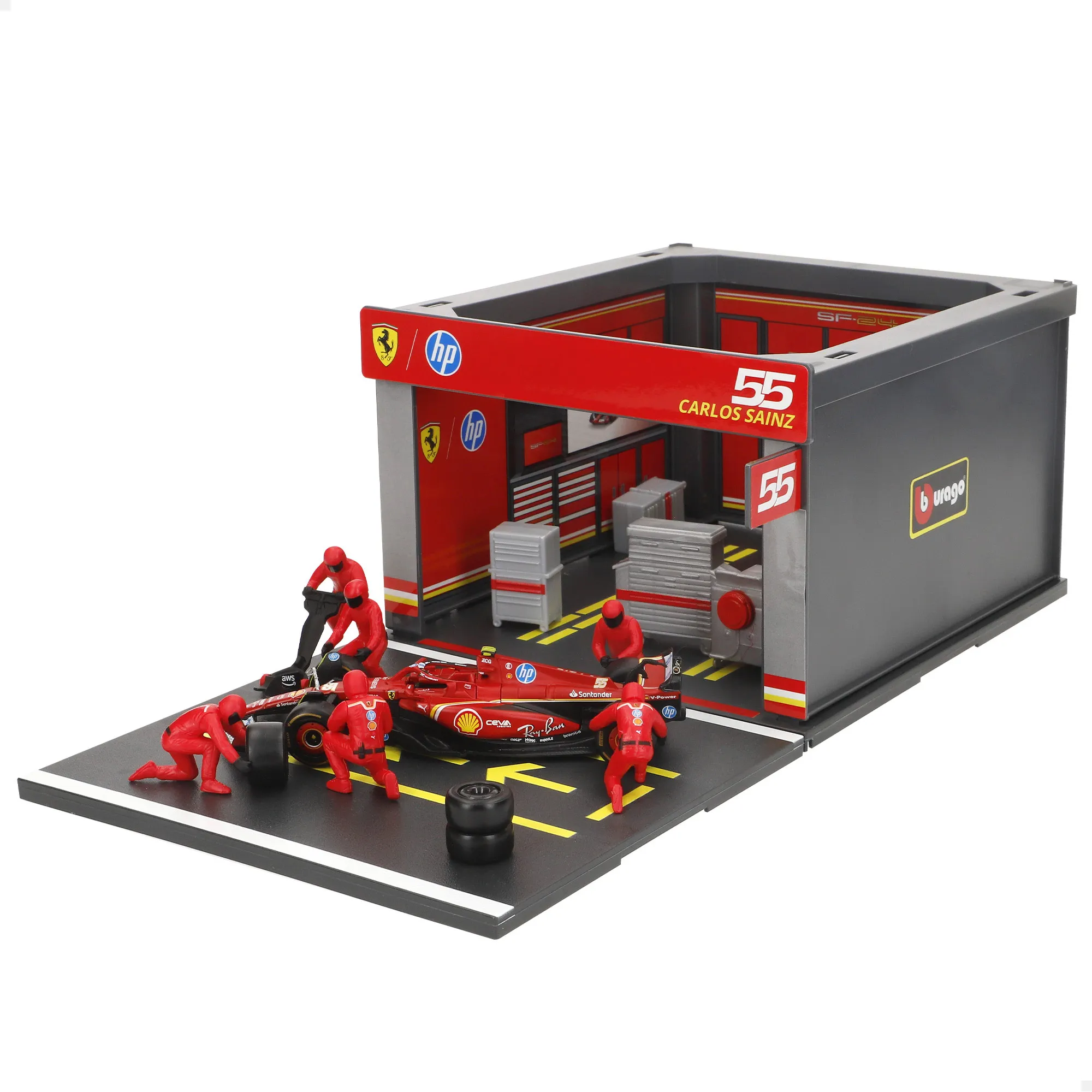 Burago - Set Box Ferrari SF23 Carlos Sainz 1:43, coche metálico die-cast, box 3D, 6 mecánicos, producto oficial Ferrari, recomendado a partir de 3 años, juguete dinámico, pieza de colección ,ideal