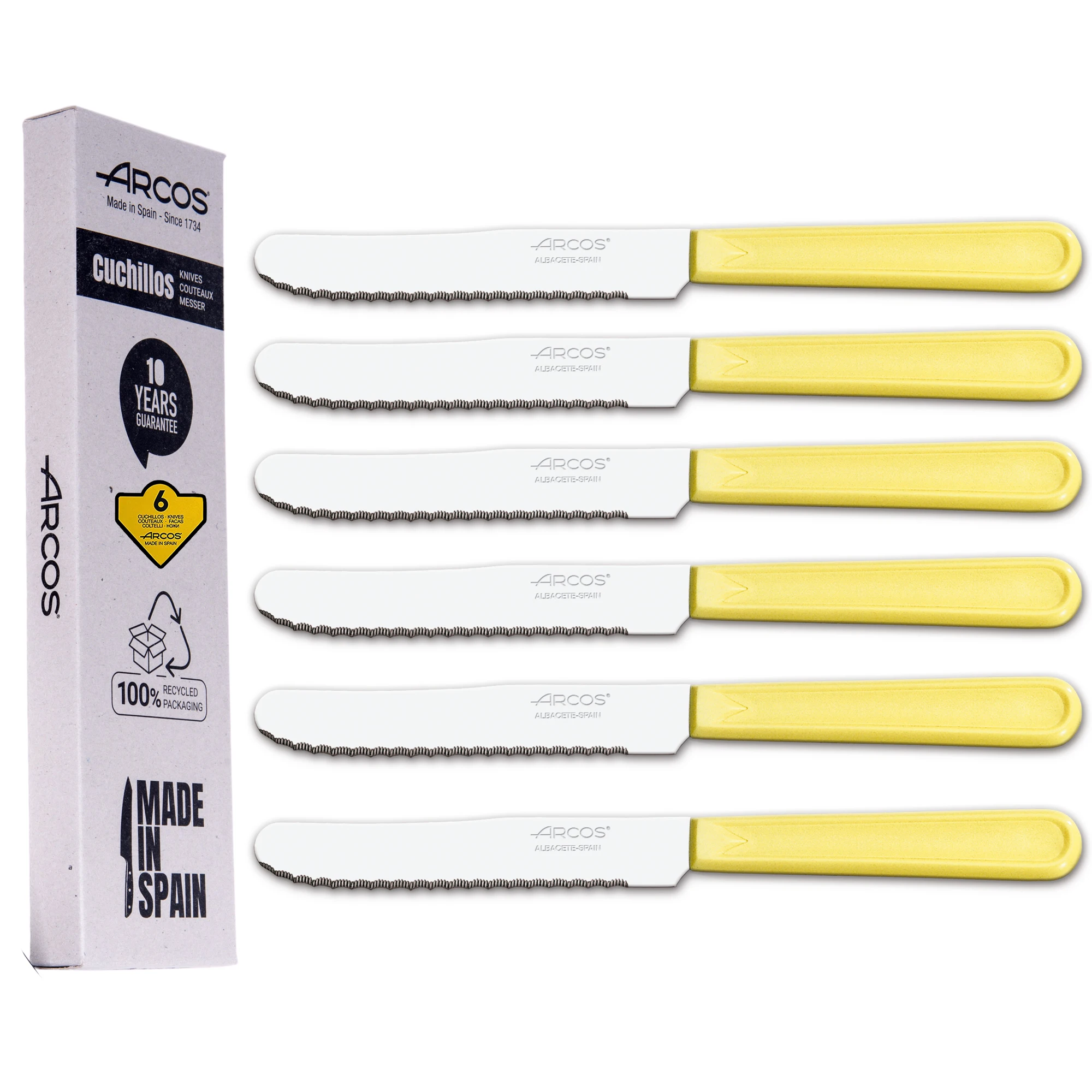 Arcos Juego Cuchillos Mesa Set Cuchillos 6 Uds Cuchillo Fruta Cuchillo Postre Hoja 110 mm Acero Inoxidable Martensítico Mango Nylon Apto lavavajillas Envase Ecológico