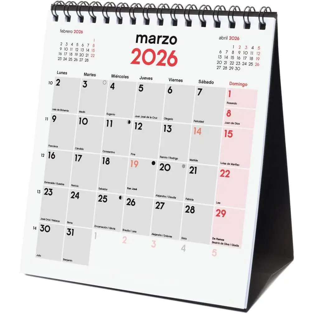 Calendario de Sobremesa 2026 con Planning Anual – 12 Meses por Página con Calendario Anual 2026, Onomástica, Fases Lunares, Festivos Nacionales y Autonómicos de España, Cambios de Estación y Horario –